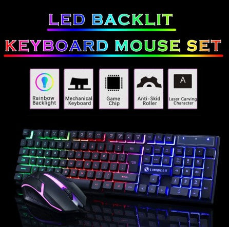 Rainbow Gaming Keyboard And Mouse Combo USB Wired LED Backlit 104 Keys With Multi Theme Backlight And Ergonomic Design